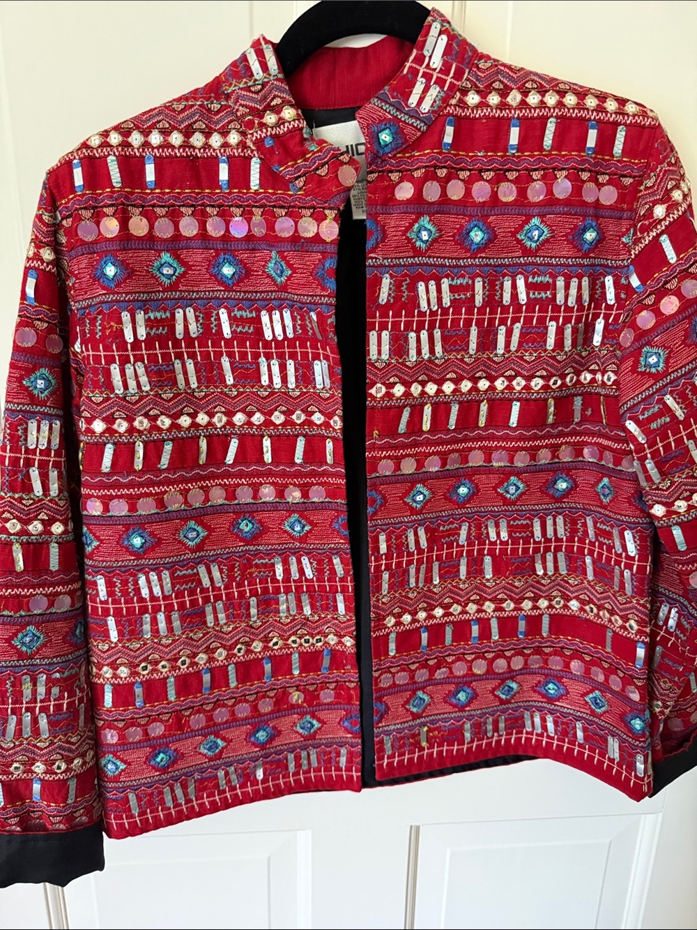 Chico's Embroidered Red Sequin Bomber Jacket